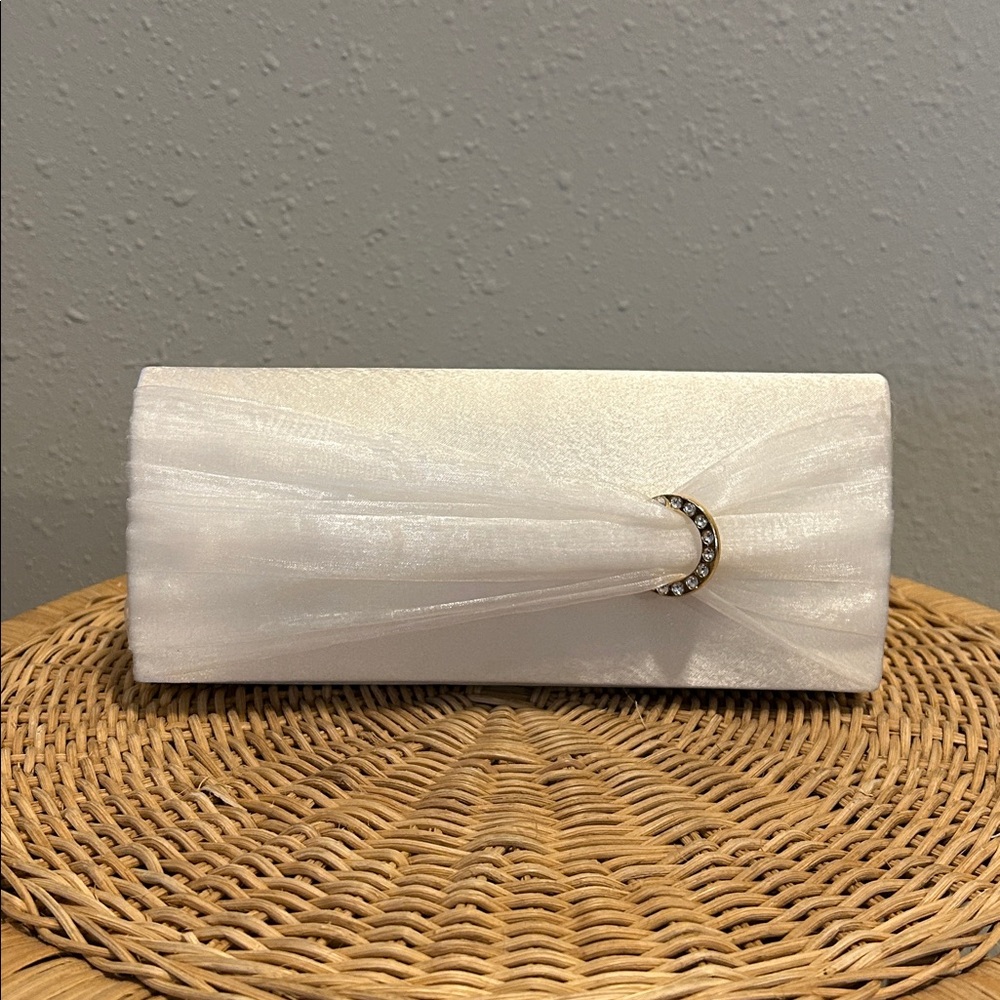 BOGO Gunne Sax White Satin Clutch with Rhinestone Crescent